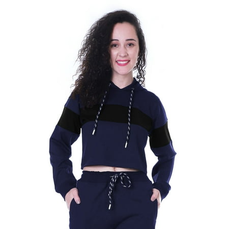 Moomaya Color Block Crop Hoodie Drawstring Pullover Casual Sports Jacket For Women-12