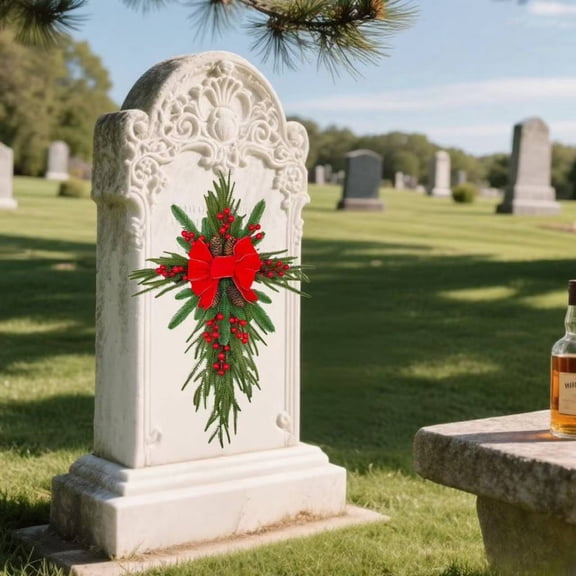 23.6in Grave Cemetery Flower Decoration – Artificial Memorial Tombstone Wreath with Bow, Red Green Plastic Floral Arrangement for Funeral, Grave Site, Memorial, Indoor/Outdoor Tribute
