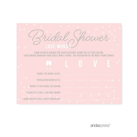 Wedding Love Words Pink Blush and Gray Pop Fizz Clink Wedding Bridal Shower Game Cards, 20-Pack