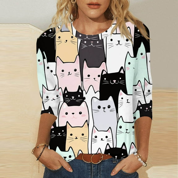 Delliss Womens Tops 3/4 Sleeve Shirts Crew Neck Loose Casual Blouses Cat Print Tshirts S-2XL
