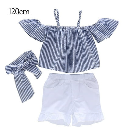 

TureClos 2Pcs Baby Summer Outfit Stripe Crop Top Shorts Bowknot Blouse Short Pants 120cm