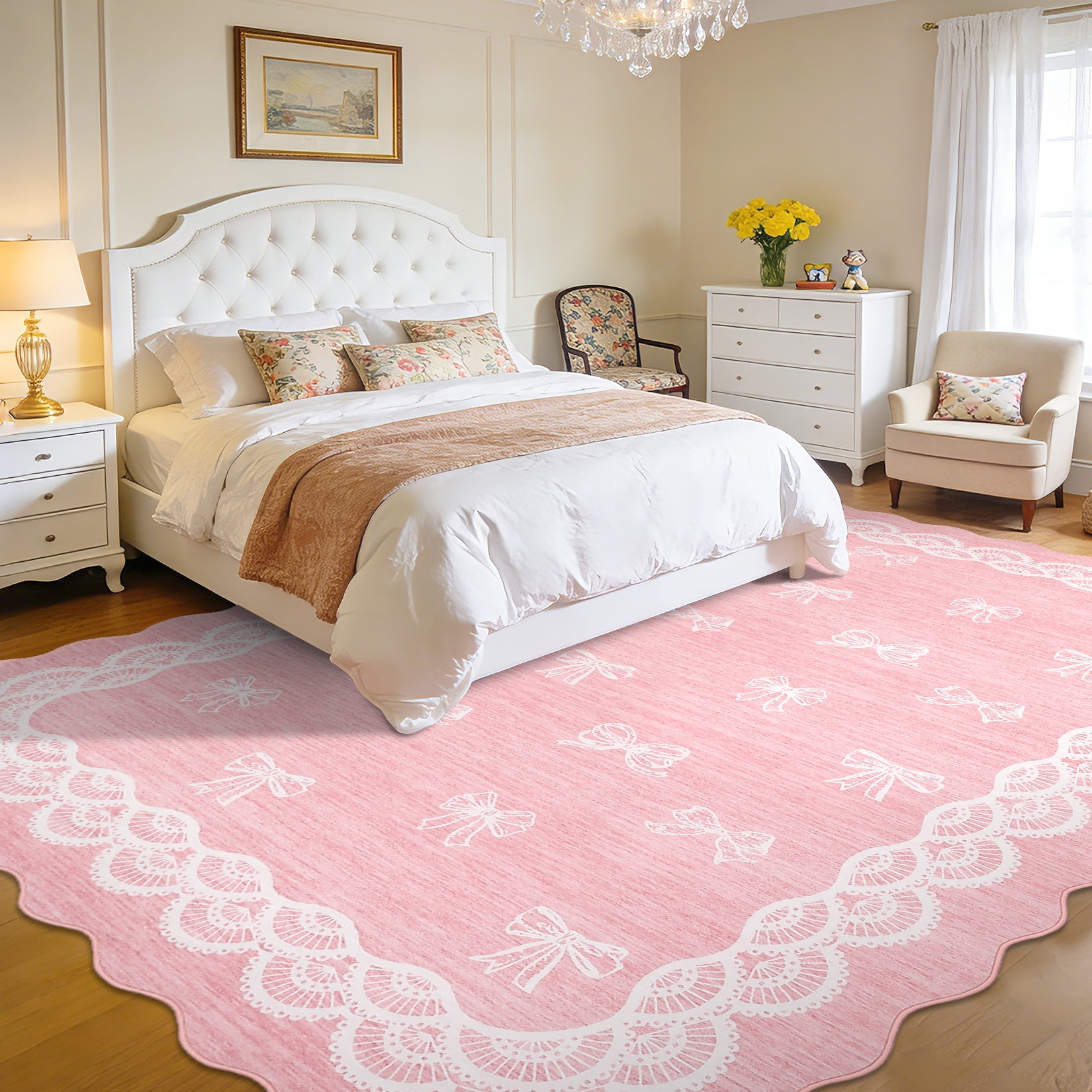 Garvee 9x12 Wave Border Area Rug Coquette Bow Pattern Carpet, Machine Washable Low Pile Rug with Non-Slip Backing for Living Room Bedroom Home Office, Pink