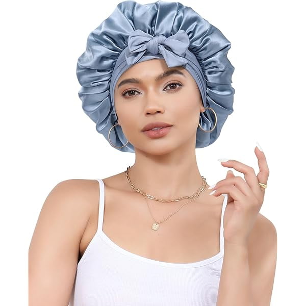 wonima11 Silk Bonnet for Sleeping 100% Mulberry Women Double Layer Sleep Cap with Adjustable Elastic Band Silk Hair Wrap(Mist Blue+Sky Blue)