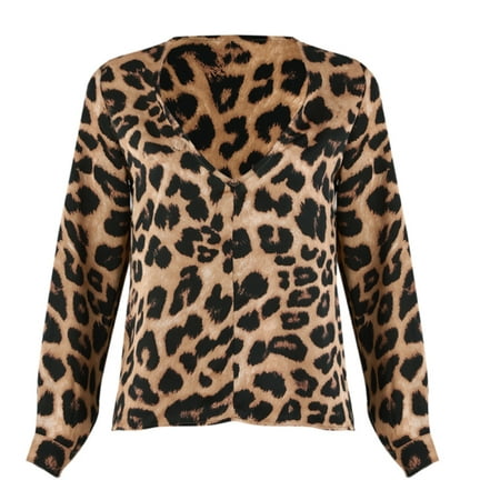 Womens Tops Ladies V Neck Leopard Print Wrap Over Shirt Blouse Top ...