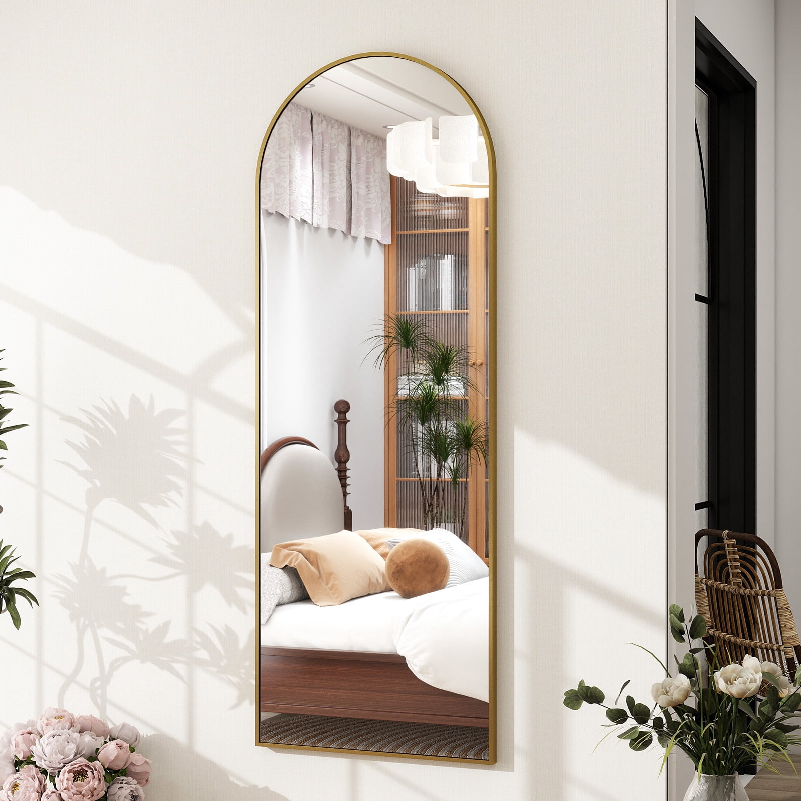 Anyrose 59.1"x16" Arched Full Length Mirror Metal Frame Floor Mirror with Stand, Gold