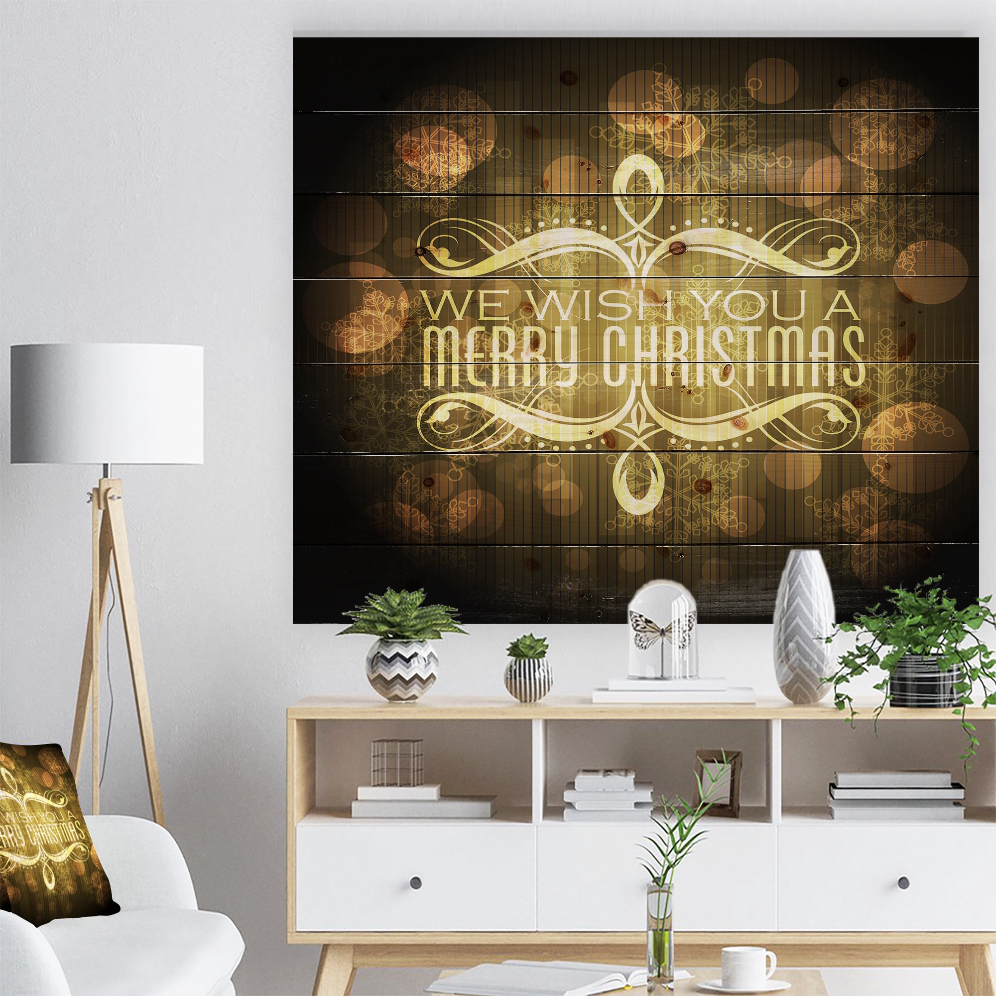 Designart 'Stylish Merry Christmas Wish on Yellow and Black' Print on Natural Pine Wood