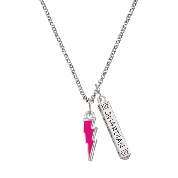 Delight Jewelry Silvertone Hot Pink Lightning Bolt Silvertone Guardian Angel Bar Charm Necklace, 23"