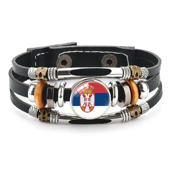 Uijokdef Country Flag Leather Bracelet, Multi-Layer Black Cowhide Design, 7.87 Inches