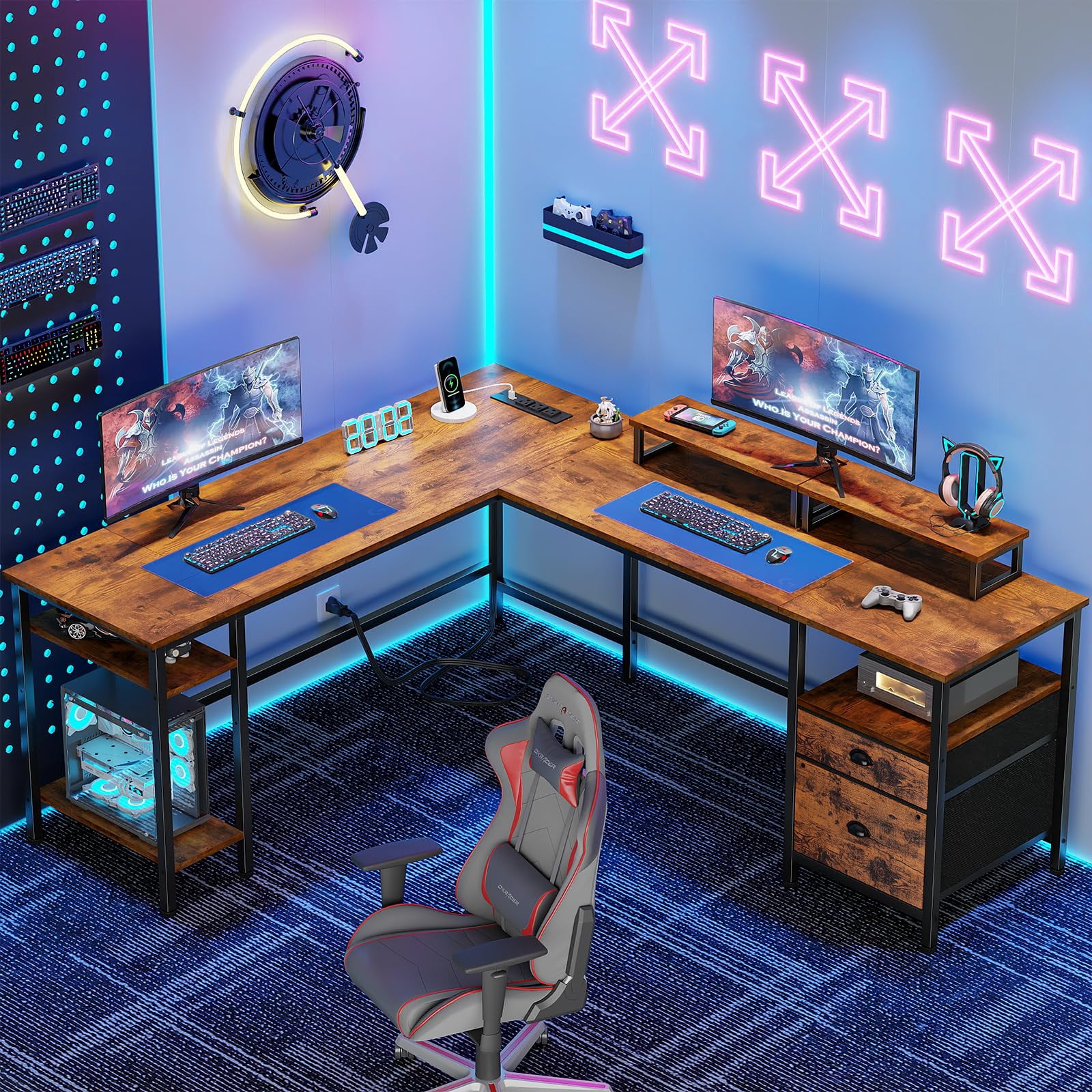Furologee 66” L Shaped Desk with Power Outlet, Reversible Computer Gaming Desk with File Drawer & 2 Monitor Stands for Home Office with Storage Shelves, Rustic Brown
