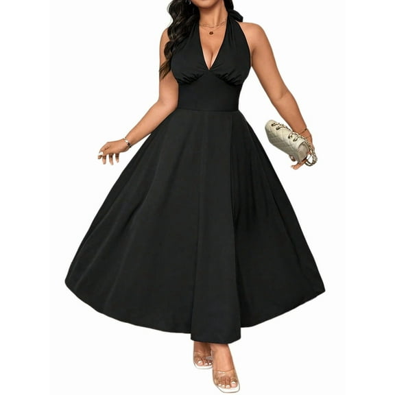Women'S Plus Size French Lady Temperament Dress V-Neck Banquet Dress Black XXXL