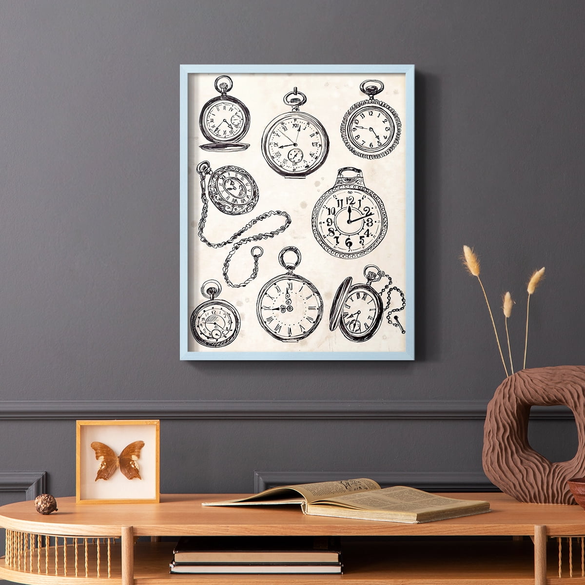 Pocket Watch Sketches II in Blue Solid Wood 8 x 10 Framed Print