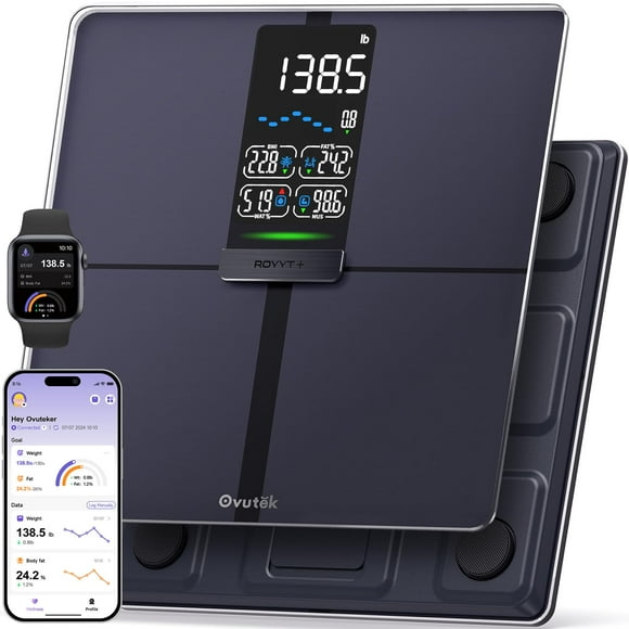 Báscula inteligente profesional Ovutek para peso corporal, IMC, grasa corporal y masa muscular. Báscula digital de baño de alta precisión con pantalla grande y sincronización con app de fitness. 204 k