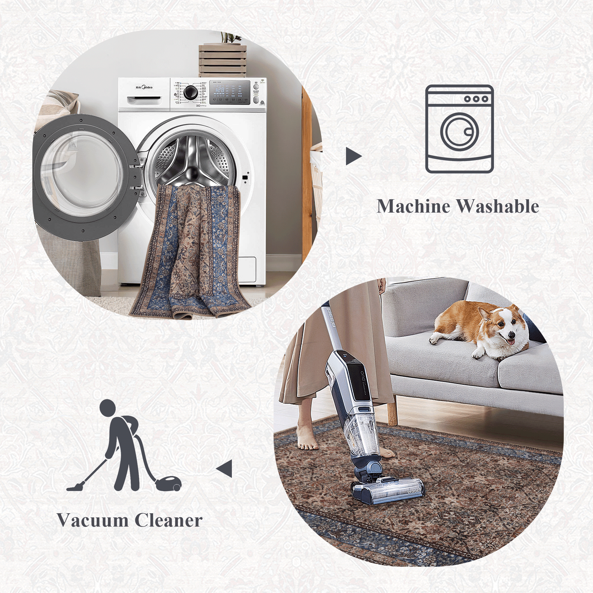 NICETOWN Area Rug 6'x9' Washable Living Room Rug, Non-Slip Vintage Floral Rug Indoor Large Carpet Non-Shedding Mat for Bedroom, Dusty Blue