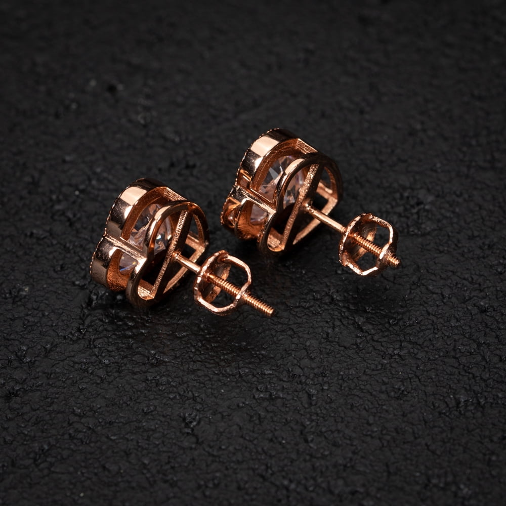 Women's Rose Gold 925 Sterling Silver Heart Shaped Screw Back Cz Stud Earrings