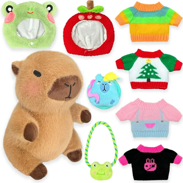 Peluche Kireidane Capybara con 9 prendas y accesorios de 26 cm
