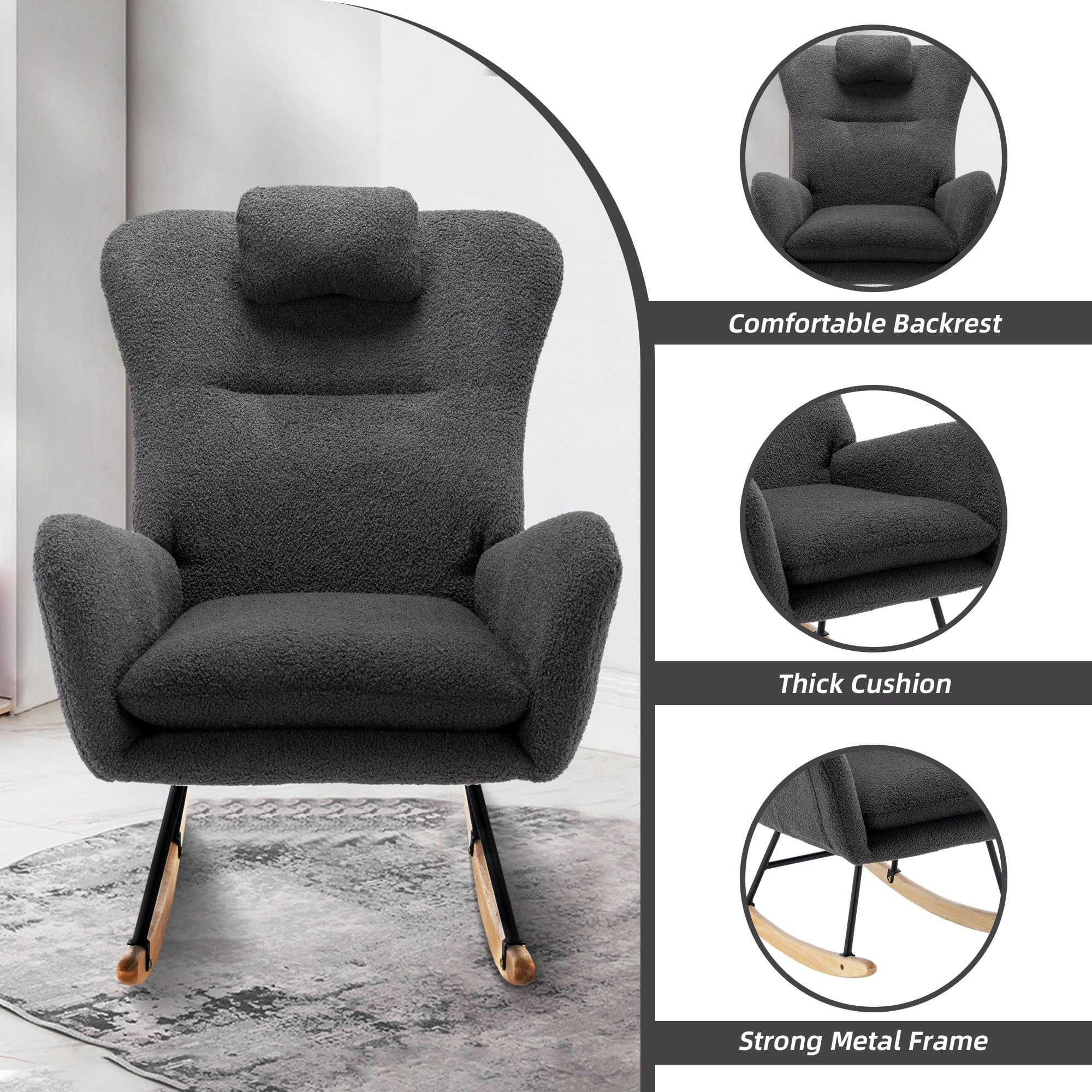 PAPROOS Modern Teddy Fabric Rocking Chair, Accent Rocker Chair with High Backrest for Nursery, Accent Glider Rocker for Living Room Bedroom Playroom，Gray