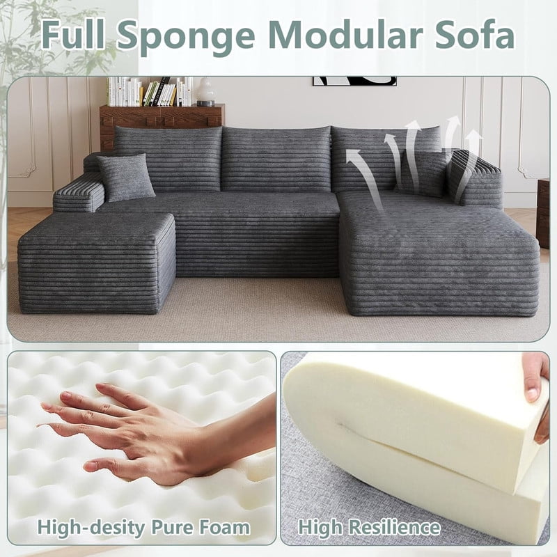94" Modular Sectional Sofa with Ottoman, Modern Corduroy Cloud Couch with Deep Seat, Upholstered 3-Seater U-Shaped Sofa for Living Room, Right Facing Chaise