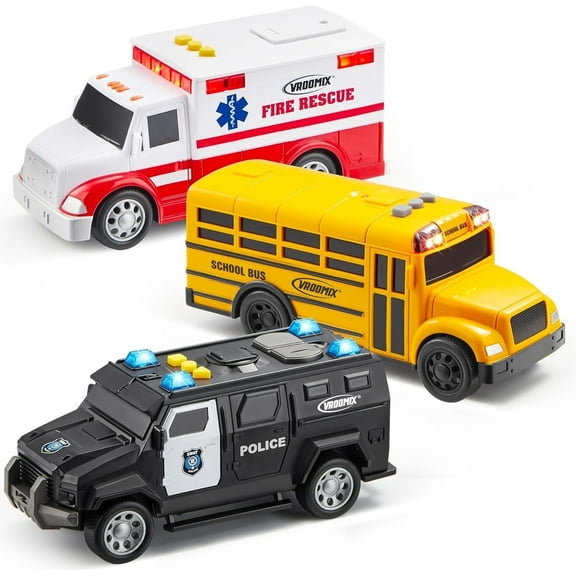 VROOMIX by JOYIN 3-Pack Emergency and School Vehicle Toy Set – Friction Powered Police Car, Ambulance, and School Bus with Lights and Sounds – Ideal Christmas Gift for Boys and Girls