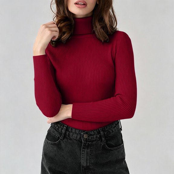 Ribbed Turtleneck Women Sweater Slim Fit Long Sleeve Top High-Collar Knit Top Stretchy Soft Basic Layering Shirt Fall Outfits
