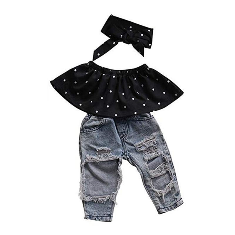 HBER 1-7T Baby Little Girls Summer Clothes Off Shoulder Ruffles Top Ripped Jeans Shorts 2Pcs Outfits Sets 
