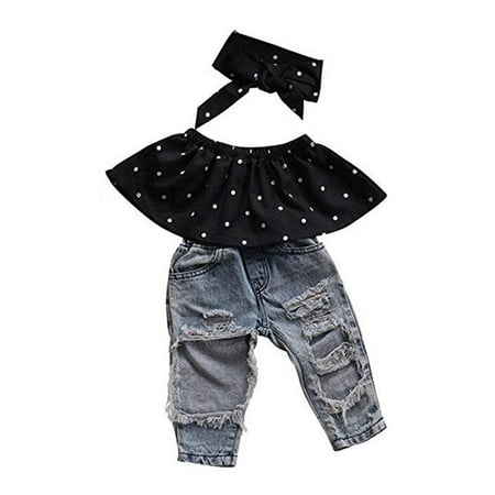 Baby Little Girls Summer Clothes Off Shoulder Polka Dot Top Destroyed Ripped Jeans Outfit