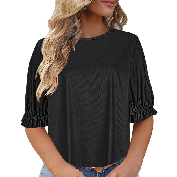 Fiudx Ofertas Del Día Blusa Superior de Camiseta Sólida Corta con Cuello Redondo de Talla Grande Informal para Mujer a La Moda