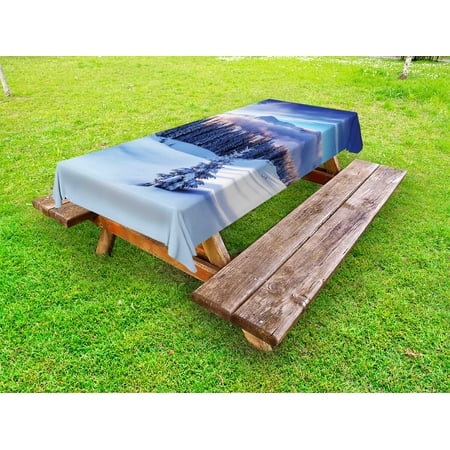 

Winter Outdoor Tablecloth Surreal Winter Scenery with High Mountain Peaks and Snowy Coniferous Pine Trees Decorative Washable Fabric Picnic Tablecloth 58 X 104 Inches Blue White by Ambesonne