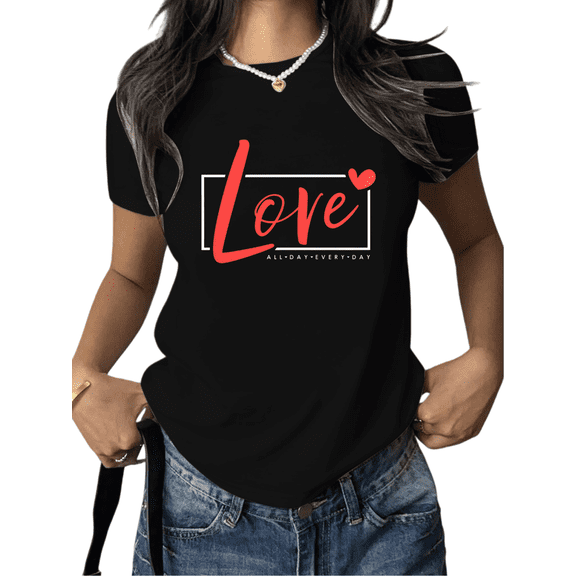Women's Black Print Tshirt Graphic Tees Love All Day Every Day Pattern Shirts S-5XL Casual Daily Tops