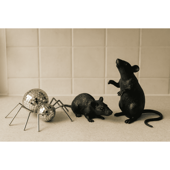 Halloween Spooky Bundle: 2 Squeaky Black Rats   1 Disco Spider ( Random in Silver or Rose Gold) Figurine