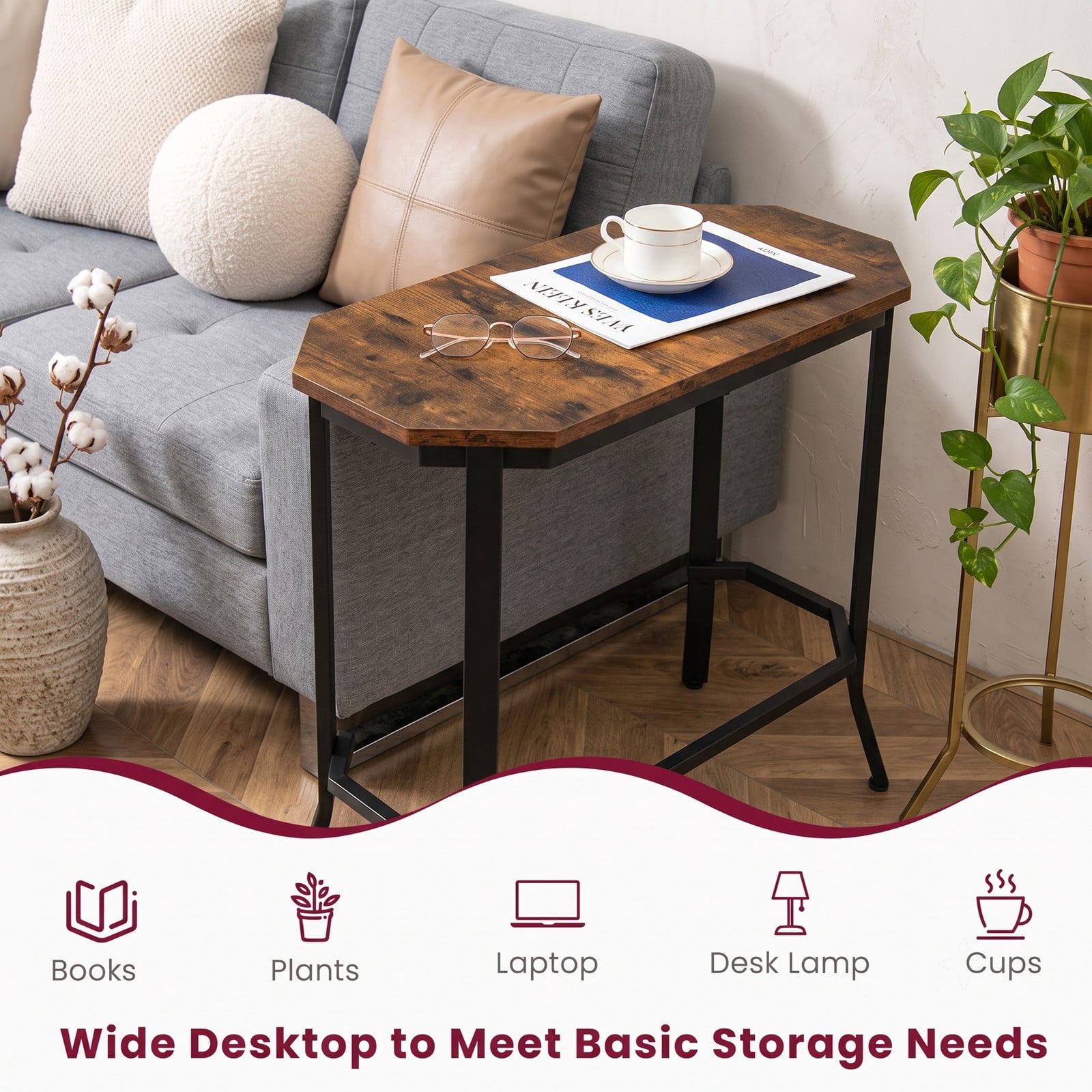 Furnibear Narrow End Table, Rustic Wood Grain Hexagon Side Table with Sturdy Steel Frame and Adjustable Foot Pads for Living Room Bedroom Entryway, Rustic Brown