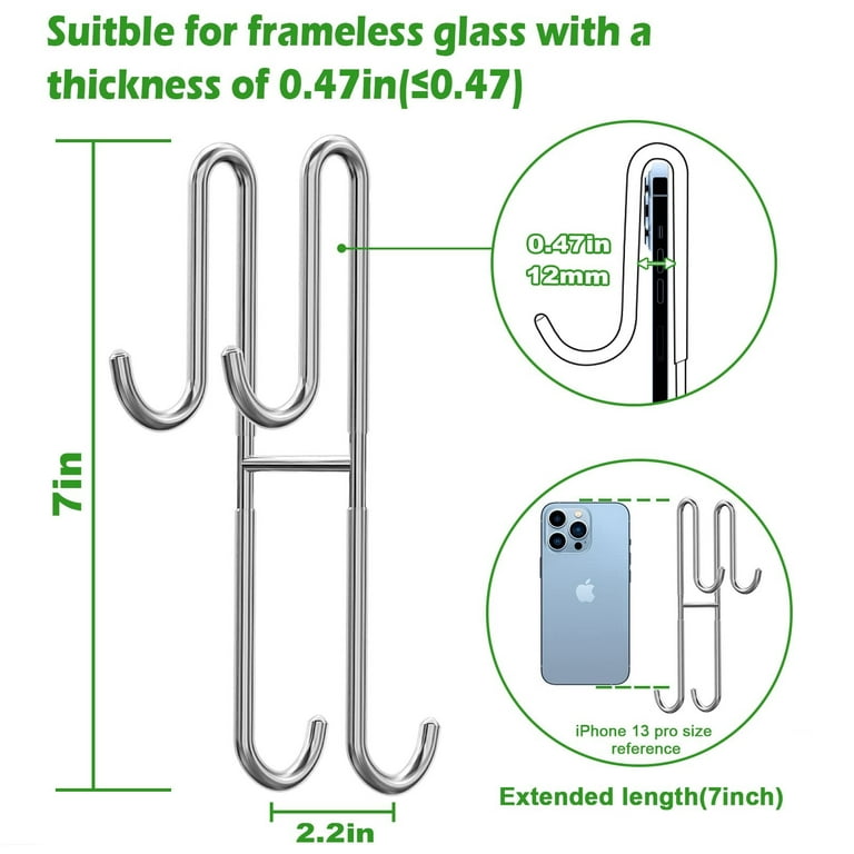 2Pack Shower Door Hooks, 304 Stainless Steel Towel Hooks for Bathroom Frameless Glass Shower Door, Extended Double Shower Squeegee Hooks, Bathrobes