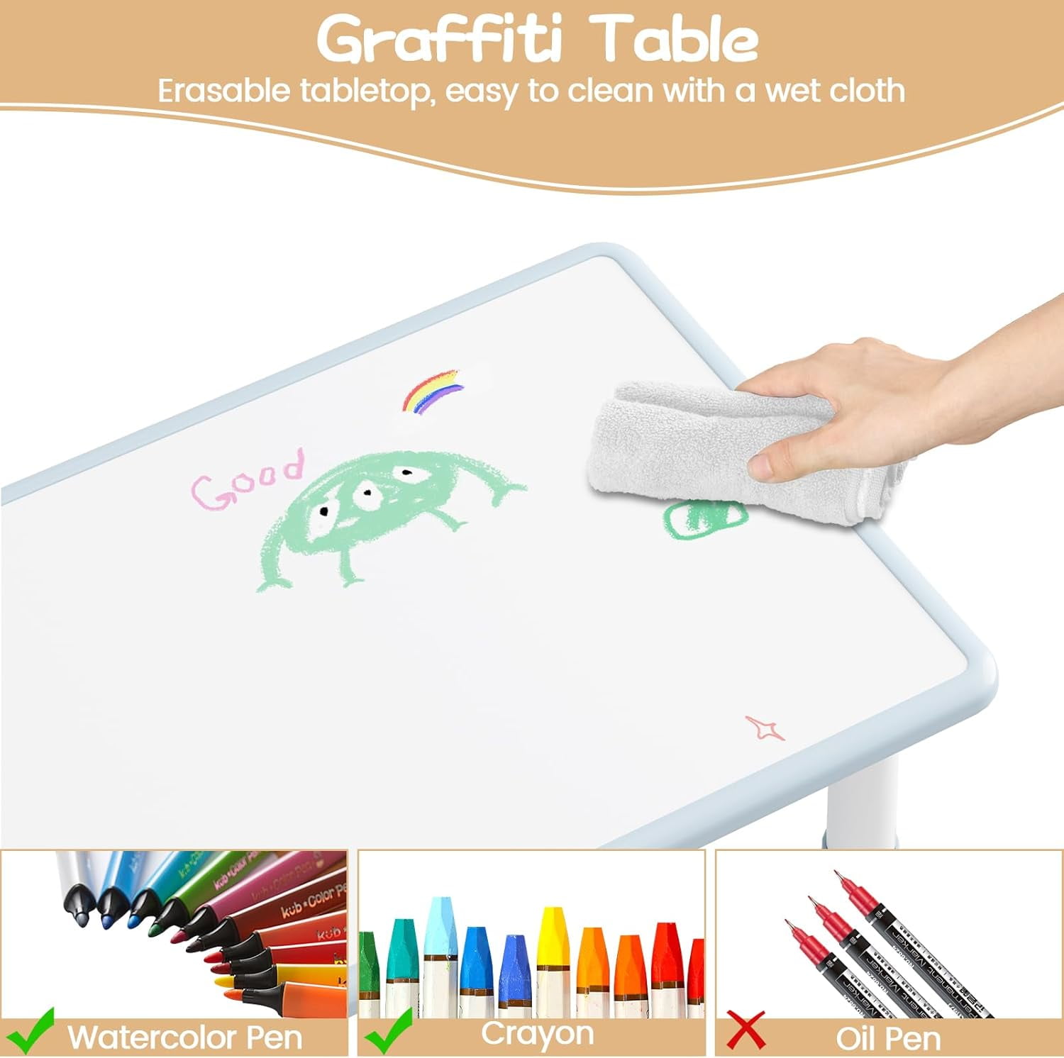 COZONY Adjustable Kids Table & 2 Chairs Set, 4 in 1 Toddler Activity Table Set with Graffiti Tabletop, Preschool Table Set for Reading, Drawing, Eating, Studying,Light Gray