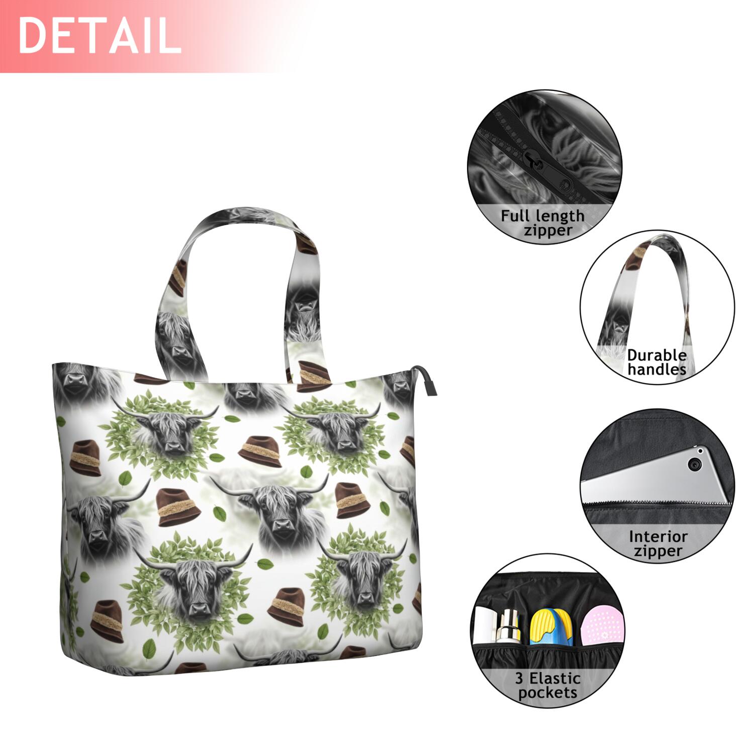 White Highland Cow Hat Leaf Pattern Travel Tote Bags for Women Carry On,Large Weekender Bags for Women Travel,Multi Functional Duffle Bag for Work,Shopping,Sports