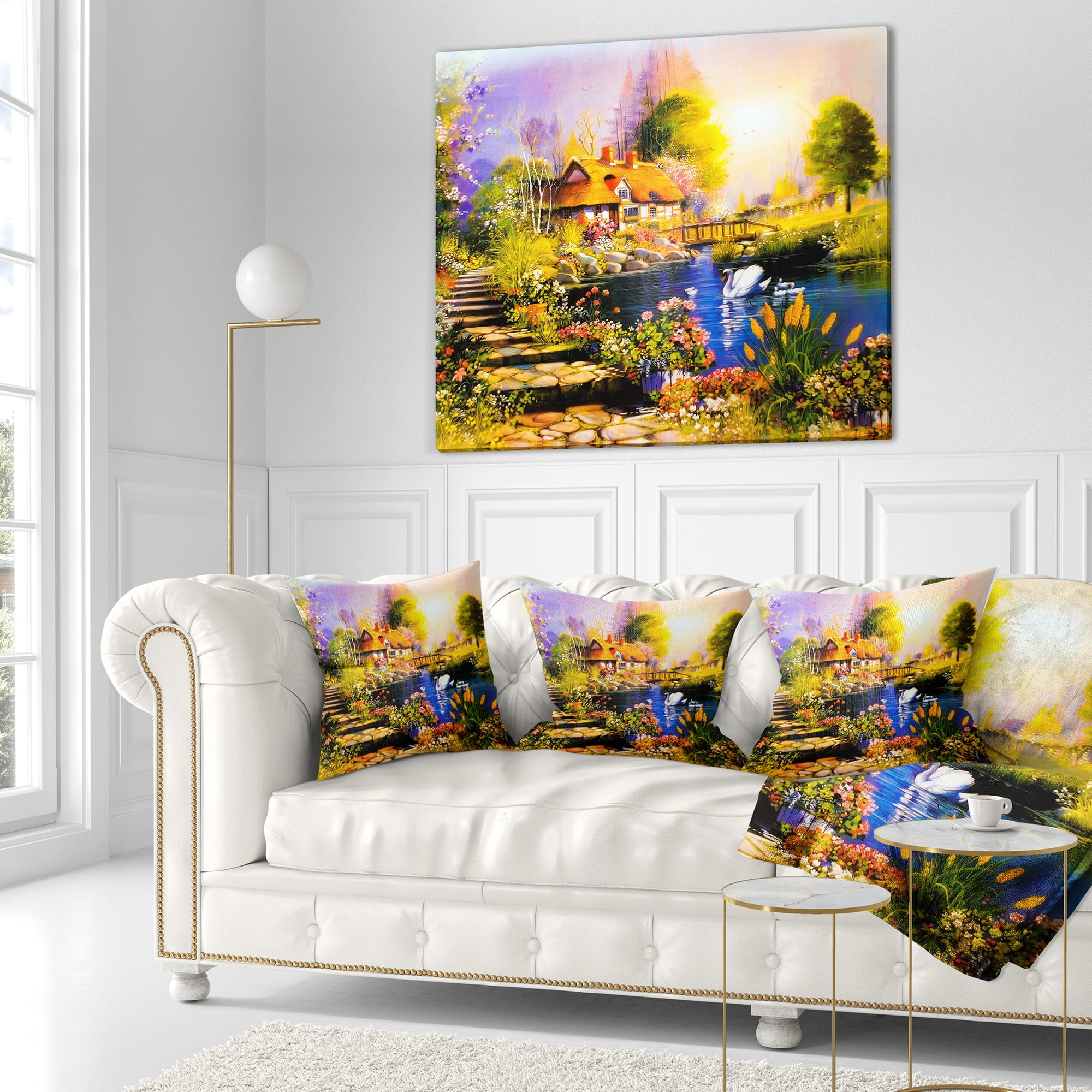 Designart House near the Lake Swans - Landscape Printed Throw Pillow - 18x18
