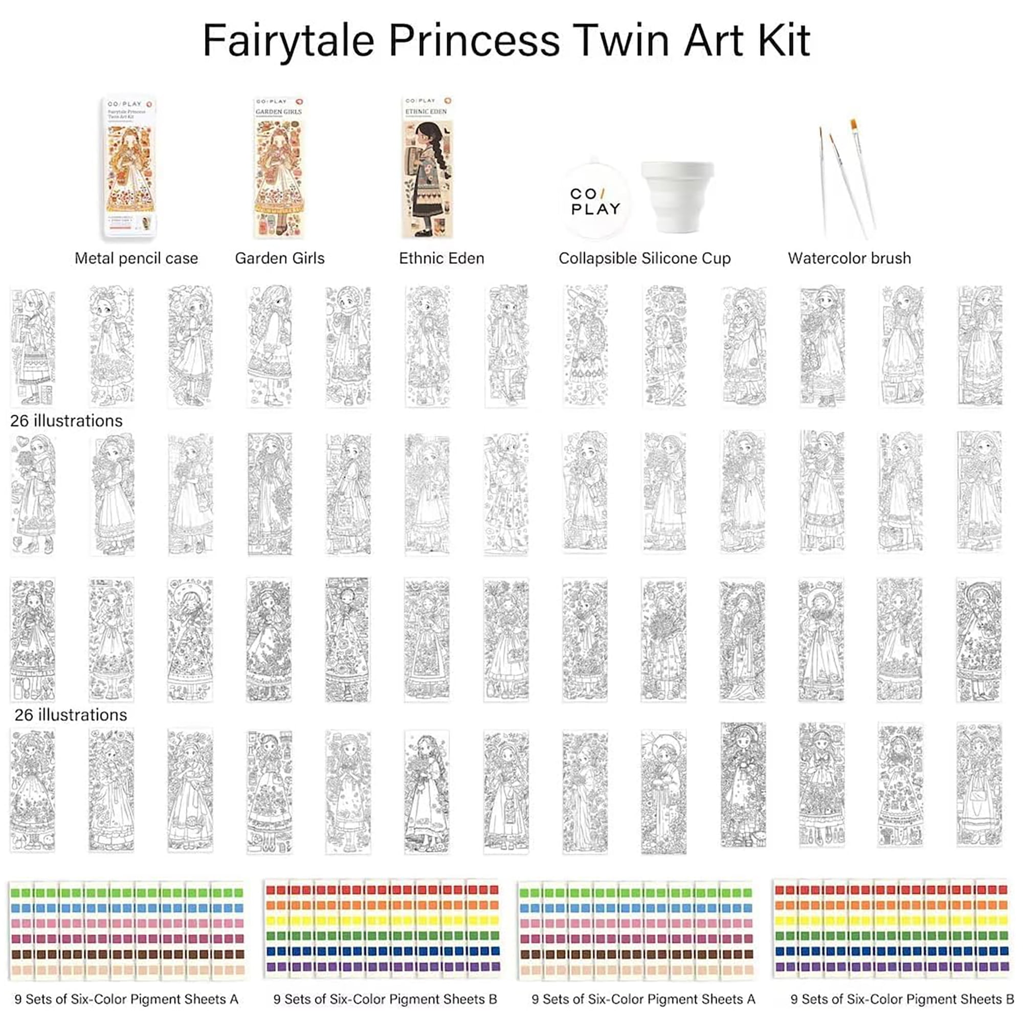 COIPLAY: Watercolor Painting Art Kit - Fairytale Princess - Tin Box, 52 Character Bookmarks, 648 Color Blocks, 3 Brushes, Silicone Cup, Adults-Kids 6+