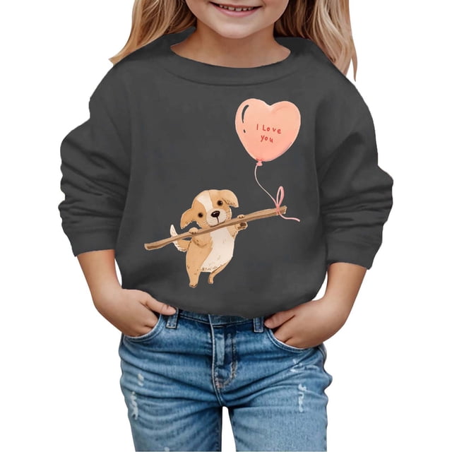 PMVFHDE Chandails en Molleton à Col Rond Fille Automne et Hiver Saint-Valentin Imprimé Chiot à Capuche pour Enfants Gris Foncé, 4-5 Ans