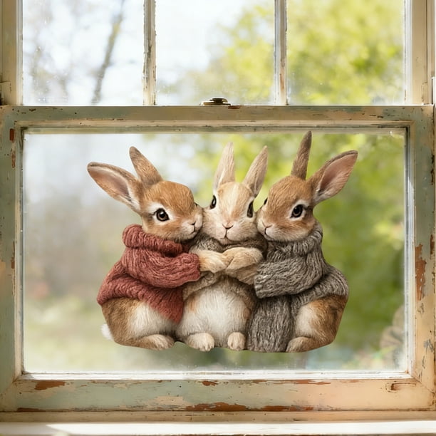 Decoraciones de Pascua, adornos de Pascua, tres conejos acurrucados para calentarse, pegatinas para puertas, pegatinas para inodoros, pegatinas florales para pared, pegatinas autoadhesivas para pared,