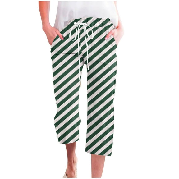 JMKQLZ Women's Seven-Point Pants, Casual Loose Fit Style Trousers Summer Baggy Elastic Waist Slacks with Drawstring,Green,2XL