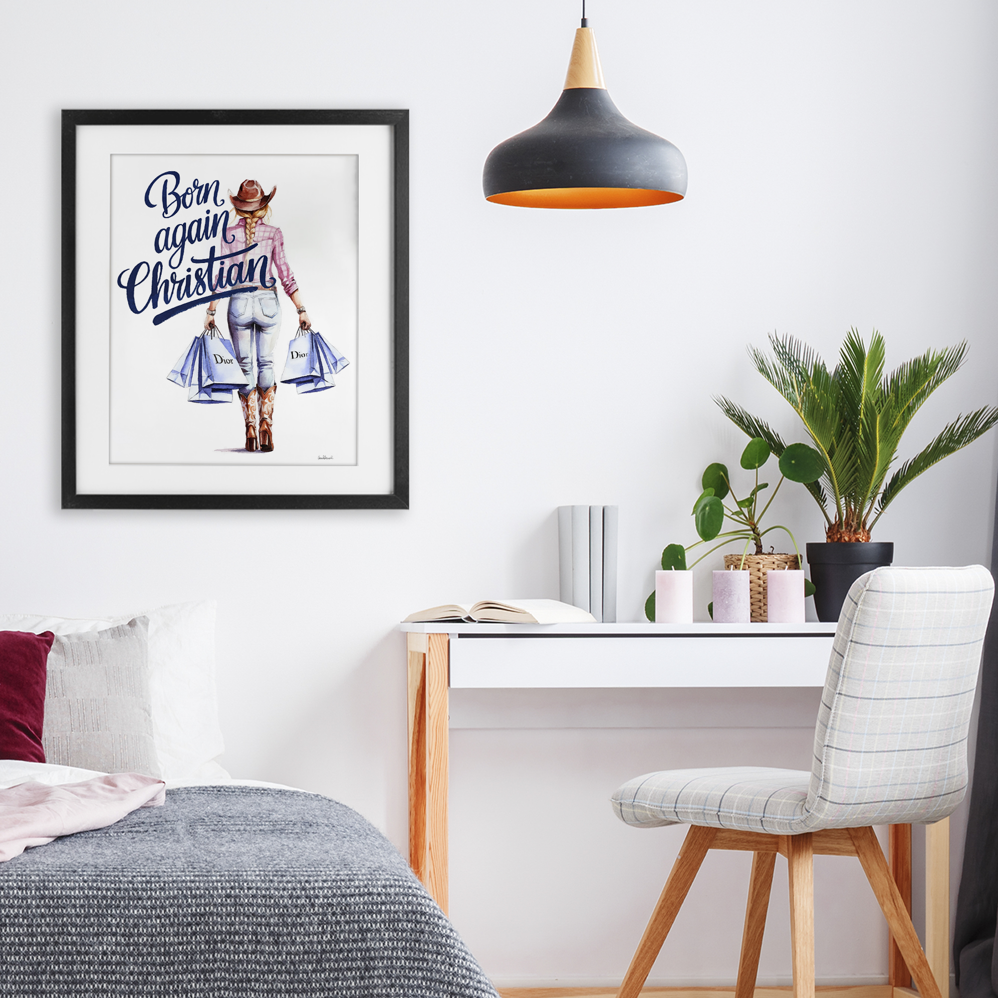Born Again Christian Cowgirl Black Framed Print Under Glass, design by Amanda Greenwood
