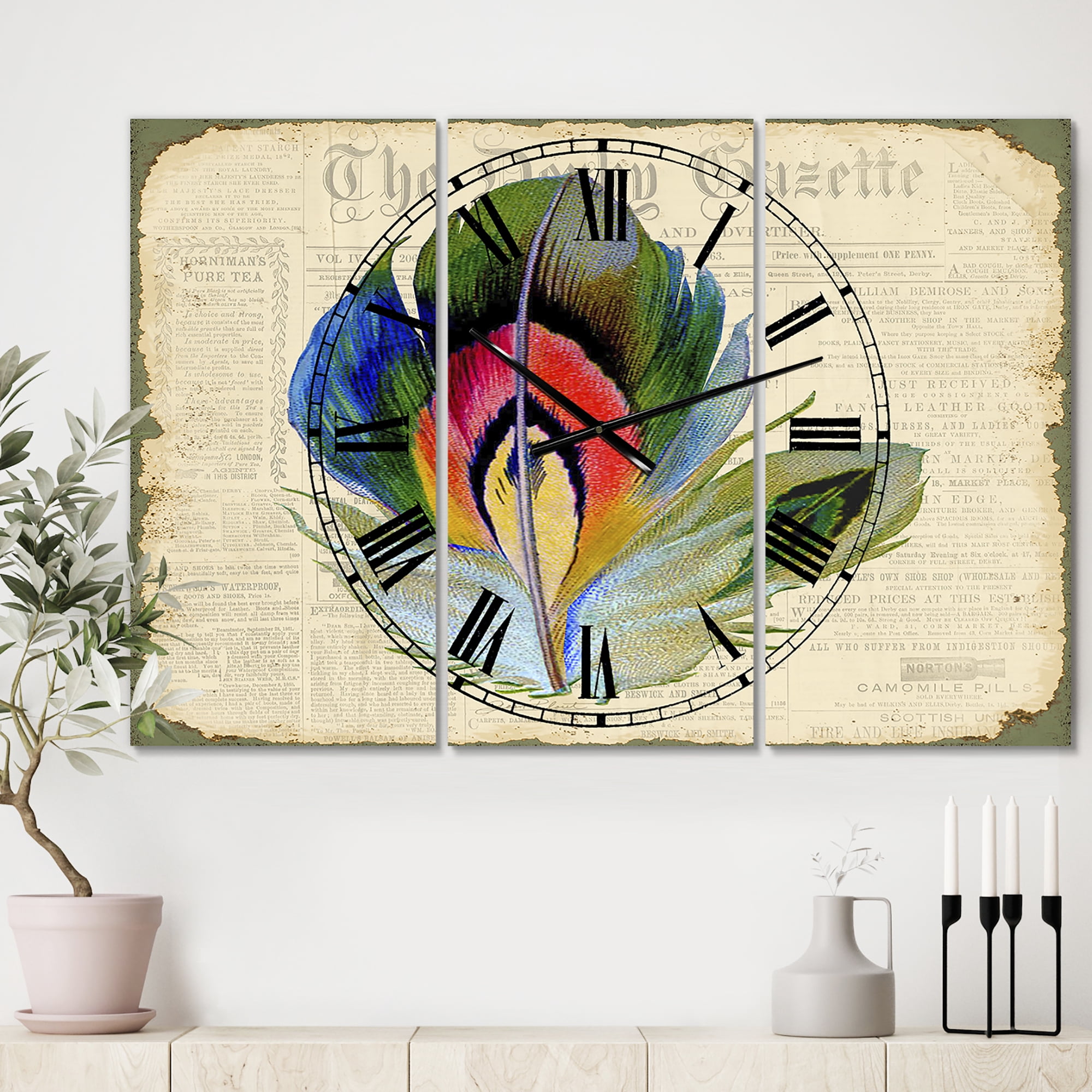 Designart 'Colorful Elegant Feather On Old Style Newspaper II' Large Cottage Wall Clock