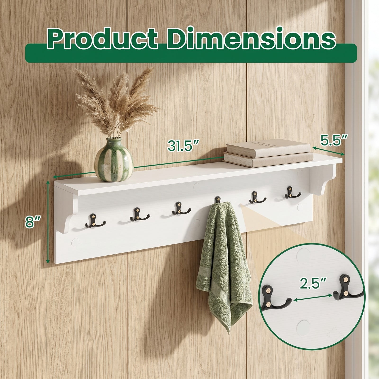 Furnibear Wall Mounted 31.5 inch Wooden Coat and Hat Rack with Top Shelf and 6 Hooks for Hats Towels Purses and Robes, White