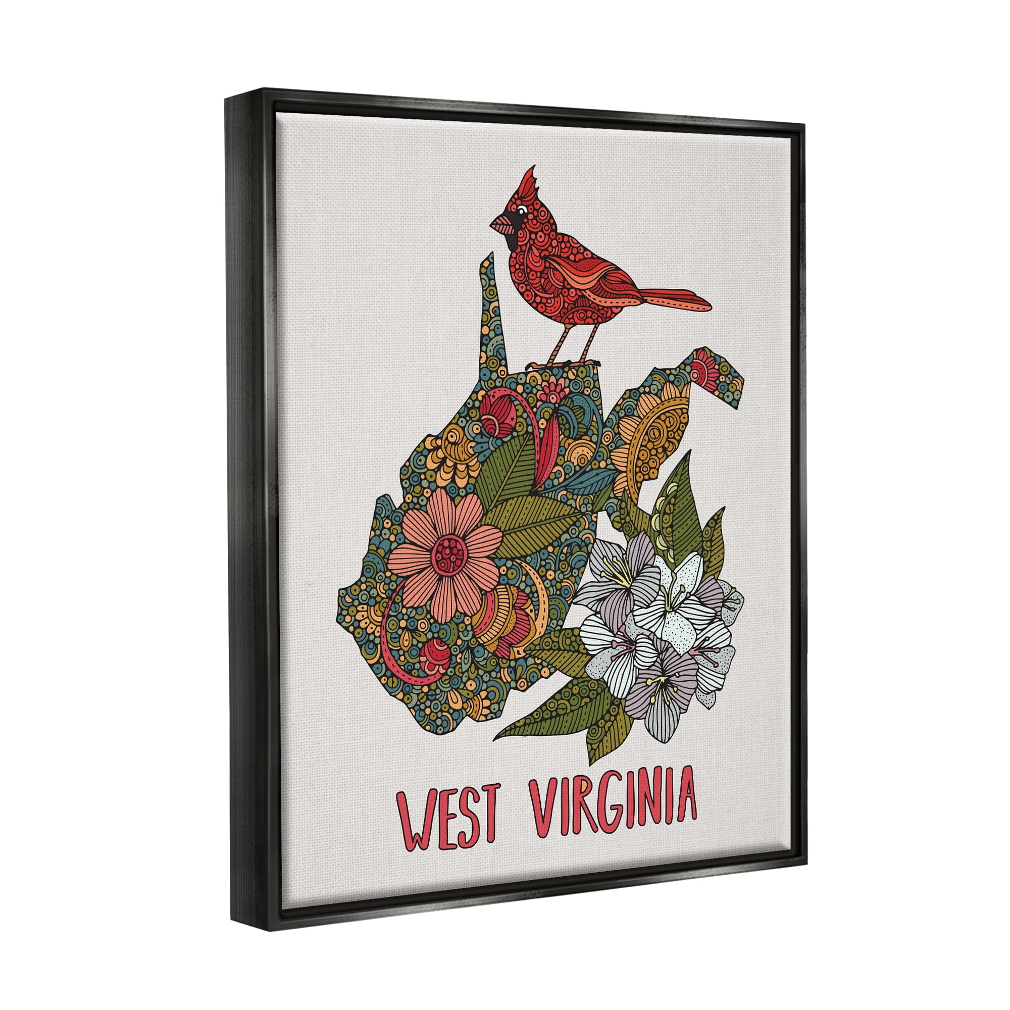 Stupell Industries West Virginia State Cardinal Detailed Floral Pattern Graphic Art Jet Black Floating Framed Canvas Print Wall Art, Design by Valentina Harper