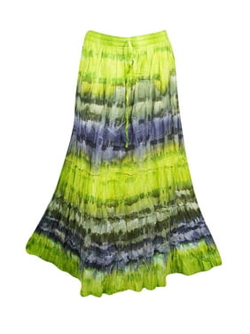 Mogul Women Tie Dye Green Cotton Ethnic Skirt Tiered Boho Chic Gypsy Long Skirts