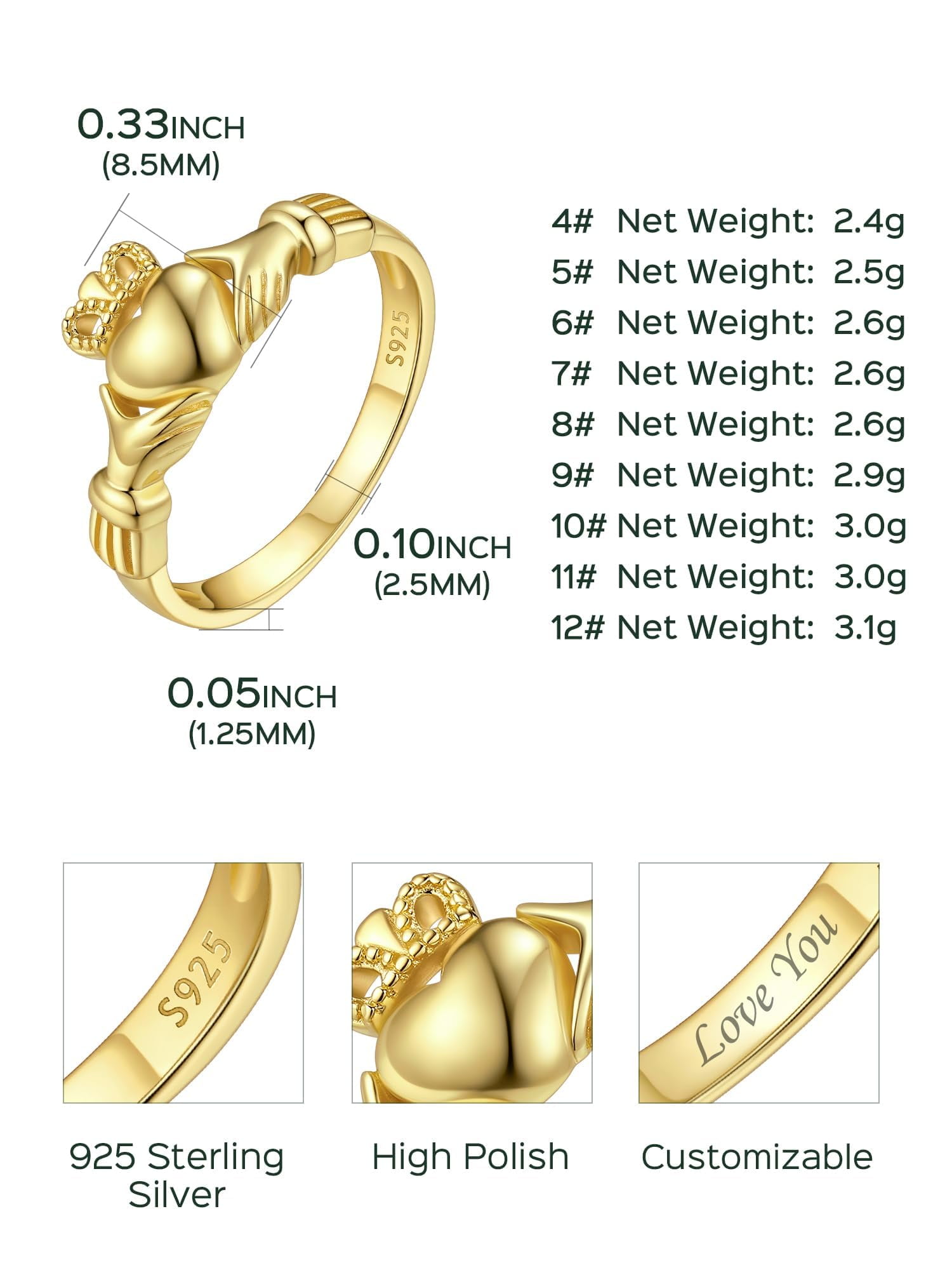 ChicSilver Irish Claddagh Ring for Women 925 Sterling Silver & 14K Gold Plated Band Celtic Jewelry Traditional Friendship Promise Engagement Ring