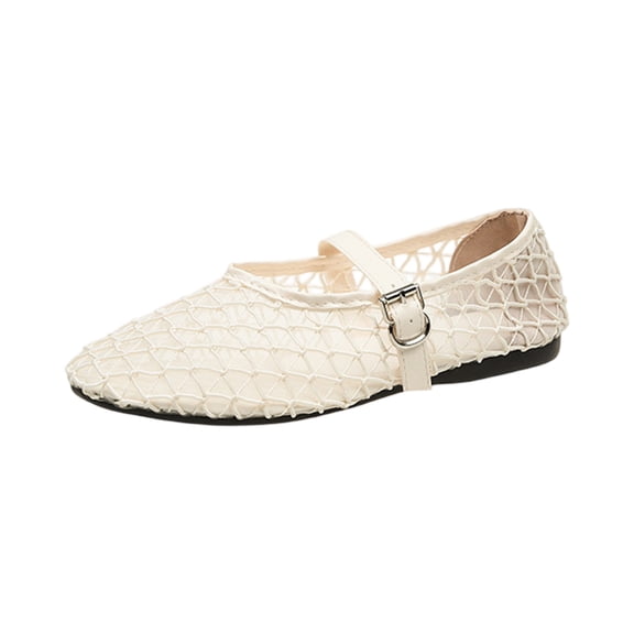 LTTVQM Womens Mary Jane Shoes Mesh Pointed Toe Slip-On Buckle Strap Elegant Ballet Flats Soft Breathable Arch Support Work Flat Shoes Beige 36(US-5.5)