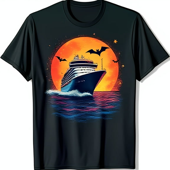 Black T-Shirt with Cruise Ship at Sunset and Bats Halloween Travel Tee
