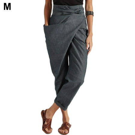 

BESTHUA Women s Ninth Pants Irregular Lace Up Casual Pants High Waist Cotton Trousers