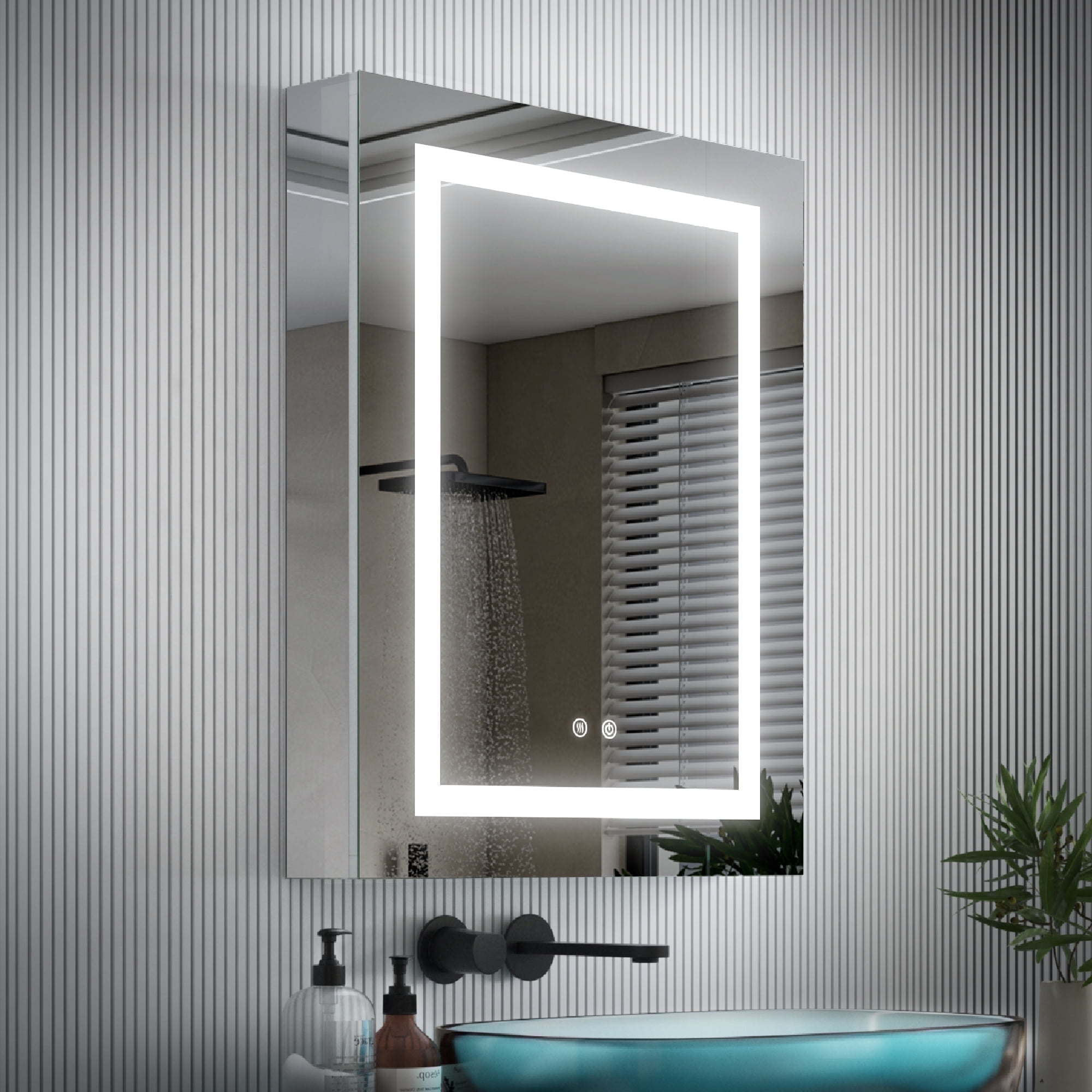 ANGELES HOME 24" x 30" LED Medicine Cabinet with Lights, Medicine Cabinet with Mirror, Surface or Recessed Mounted, Anti-Fog, Dimmable, Memory Function, Outlets & USB, Left Side