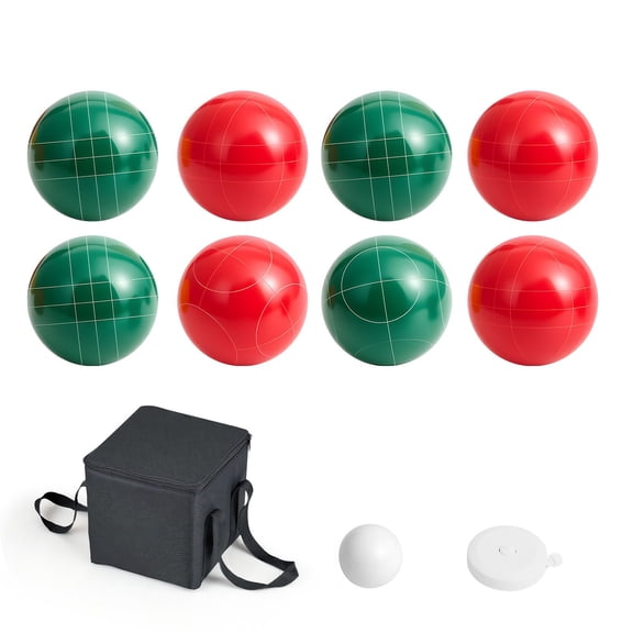 Bocce Ball Set with 8 Resin Balls (107mm), Pallino, Carry Bag & Rope - Red/Green for Outdoor Lawn & Beach Games