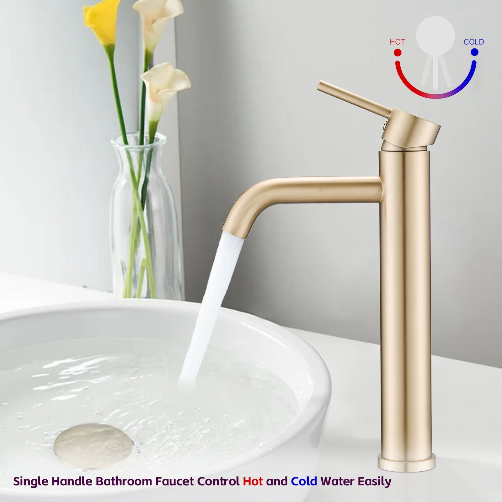 MAYEERTY Modern Single Handle One-Hole Tall Vessel Bathroom Sink Faucet, Stainless Steel, Brushed Gold